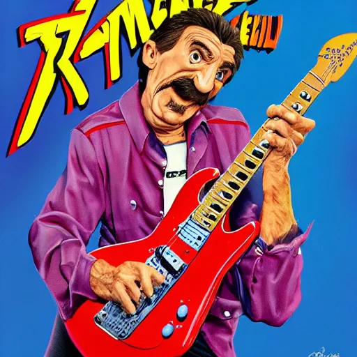 Image similar to Barry Chuckle Shredding on an electric guitar in the style of Jason Edmiston