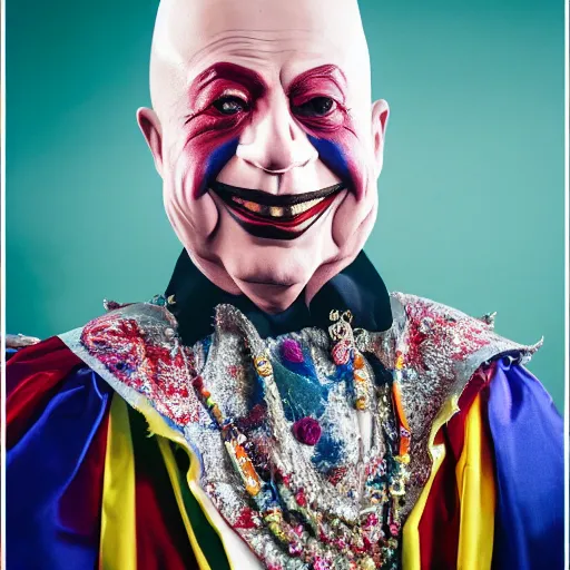 Image similar to UHD candid photo of Klaus Schwab dressed as flamboyant emperor, wearing extremely accurate clown makeup, accurate face, UHD, photorealistic, correct face, photo by Annie Leibowitz