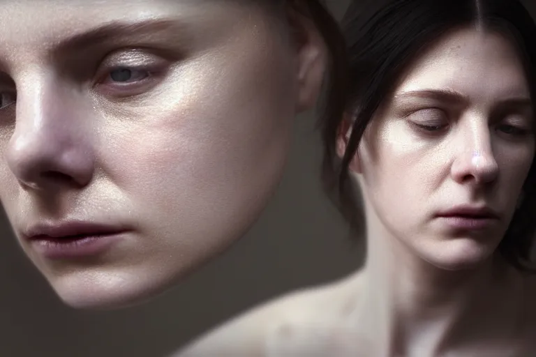 Image similar to an ultra realistic, cinematic, close up portrait, of a young woman, looking in mirror at older self, fire, dramatic, soft light, dreamy, facial features, stood in a cell, with prison clothing, detailed, deep focus, movie still, dramatic lighting, ray tracing, by michal karcz and yoshitaka