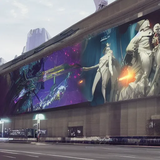 Prompt: sci-fi wall structure on the coronation of napoleon painting and digital billboard in the middle, unreal engine 5, keyshot, octane, artstation trending, ultra high detail, ultra realistic, cinematic, 8k, 16k, in style of zaha hadid, in plastic, dark, tilt shift,