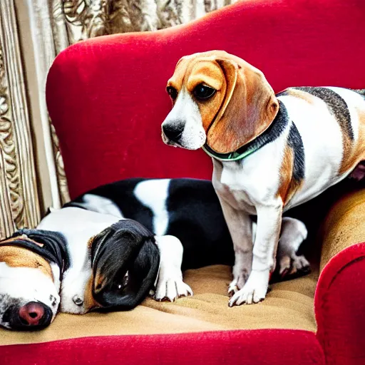 Prompt: a digital photo of a beagle and a daschund on a red victorian couch.