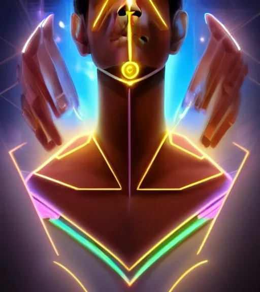 Image similar to symmetry!! egyptian prince of technology, solid cube of light, hard edges, product render retro - futuristic poster scifi, lasers and neon circuits, brown skin man egyptian prince, intricate, elegant, highly detailed, digital painting, artstation, concept art, smooth, sharp focus, illustration, dreamlike, art by artgerm