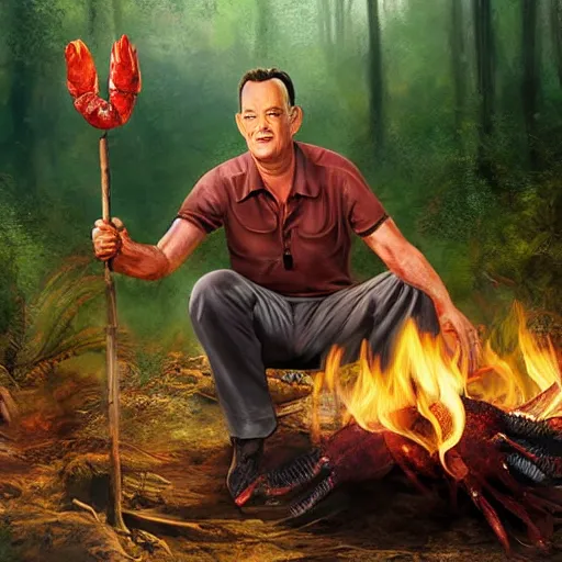 Image similar to Tom Hanks as forrest holding a giant shrimp on a stick over a campfire in the jungle, realistic digital painting, in the style of Aleksi Briclot, photoreailstic, realistic face, amazing detail, sharp