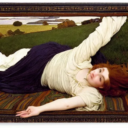 Image similar to a realistic portrait of a teenage girl who looks lie Chloe Grace Moretz and Saoirse Ronan lying on the floor, wearing a nightgown like Flaming June, by Frederic Leighton, Alphonse Mucha, Edward Burne Jones