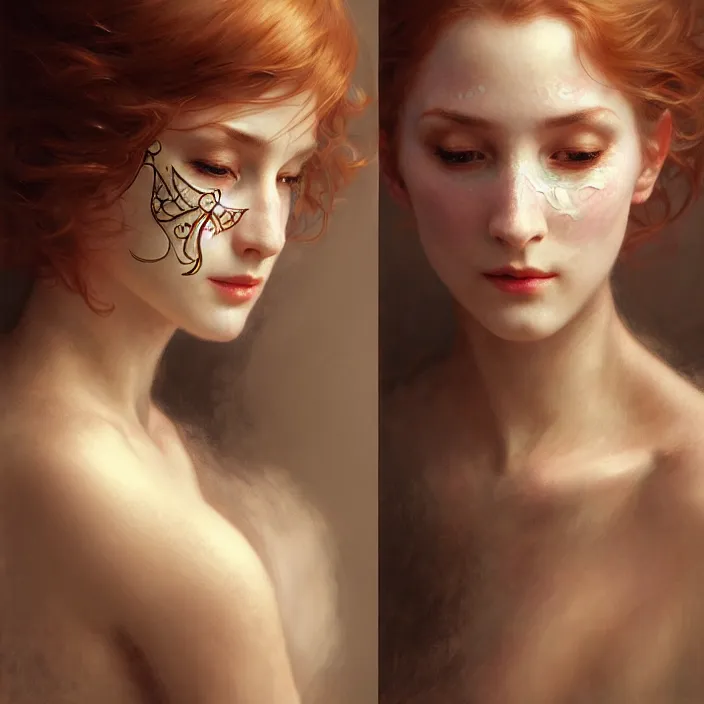 Prompt: removing mask under another mask, diffuse lighting, fantasy, intricate, elegant, highly detailed, lifelike, photorealistic, digital painting, artstation, illustration, concept art, smooth, sharp focus, art by John Collier and Albert Aublet and Krenz Cushart and Artem Demura and Alphonse Mucha