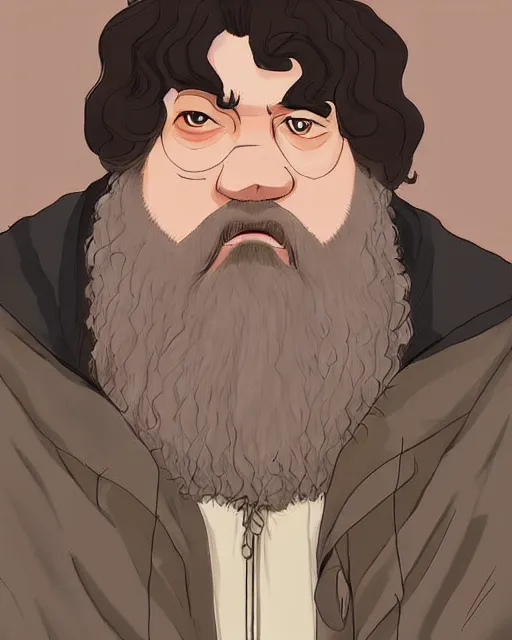 Image similar to Rubeus Hagrid in anime style, portrait of fantasy man, detailed realistic beautiful, lofi colors, smooth, artistic, mellow and soft, sharpen high quality, in style of Ghibli