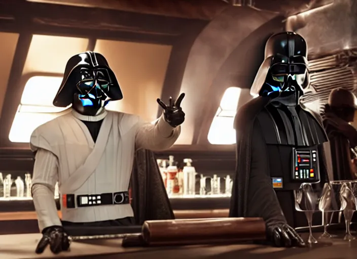 Image similar to film still of Darth Vader working as a bartender in the new Star Wars movie, 4k