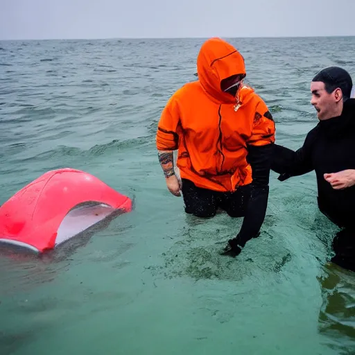 Image similar to guy with black hoodie is chained to a stop traffic sign pole under water. photo under the sea. trying to get free.