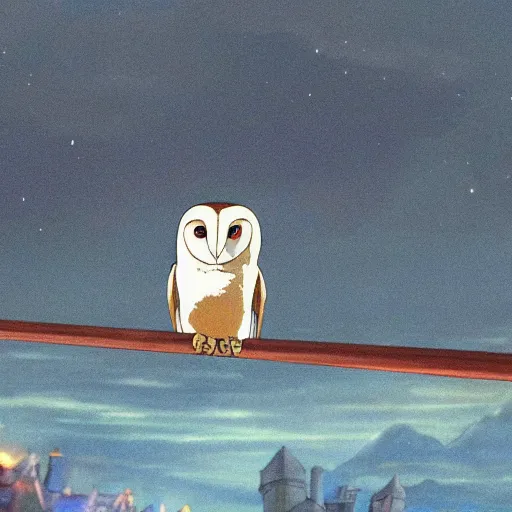 Image similar to a shot of a barn owl in a suit in howl's moving castle movie, movie shot, anime, hightly detailed, rescalated 4 k, detailed