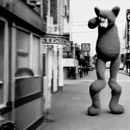 Image similar to still from vhs footage of giant telletubby walking down street