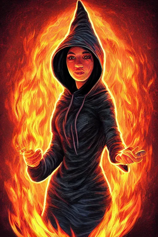 Prompt: aportrait of a witch fire with hoodie, trending on arstation, by dan mumford, by ross tran