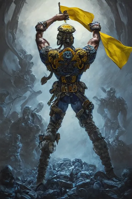 Image similar to a distant shot from behind of a Ukrainian super soldier with blue and yellow flag behind him standing alone on a huge pile of skulls as a winner, masculine muscular figure, D&D, fantasy, intricate, elegant, highly detailed, extremely detailed, digital painting, artstation, concept art, matte, sharp focus, symmetrical, illustration, art by Artgerm and Greg Rutkowski and Alphonse Mucha