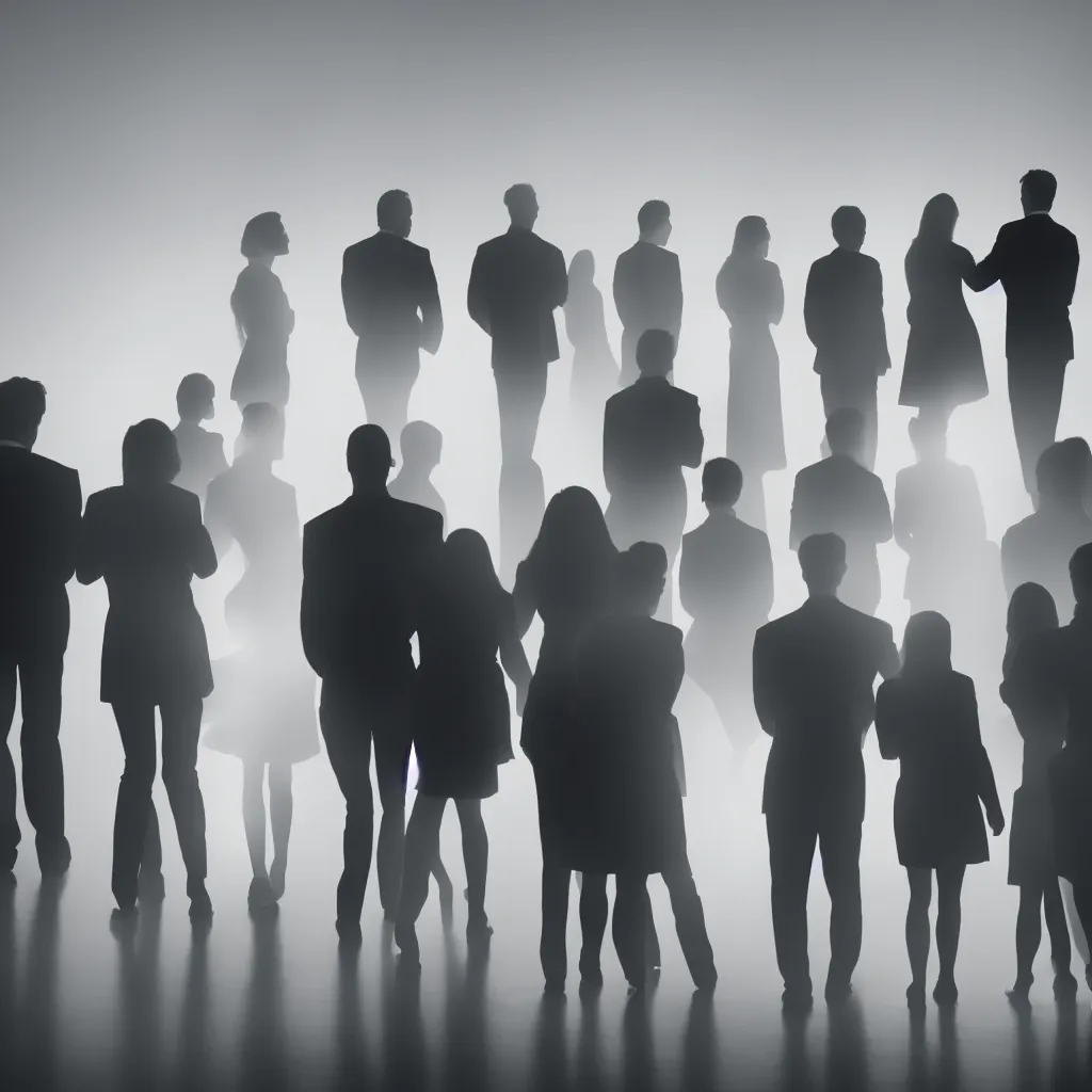 Prompt: A group of men and women seen from behind meet in a foggy reunion office, corporate portrait, sigma 85mm, f 1/4, colors