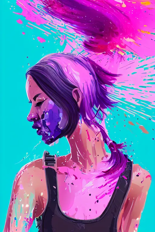 Image similar to a award winning half body porttrait of a beautiful woman in a croptop and cargo pants with ombre purple pink teal hairstyle with head in motion and hair flying, paint splashes, splatter, outrun, vaporware, shaded flat illustration, digital art, trending on artstation, highly detailed, fine detail, intricate