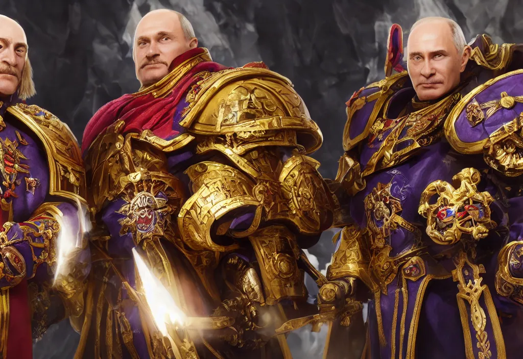 Prompt: portrait of vladimir putin as emperor and dmitryi medvedev as fulgrim in warhammer 4 0 k, 4 k, 8 k, octane render