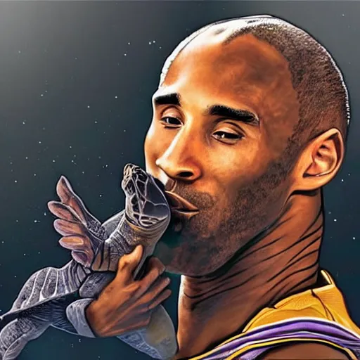 Prompt: kobe bryant kissing a giant turtle in heaven, photorealistic, side view, amazing digital art, amazing detail, fantasy art, artstatiom, cgsociety, epic art