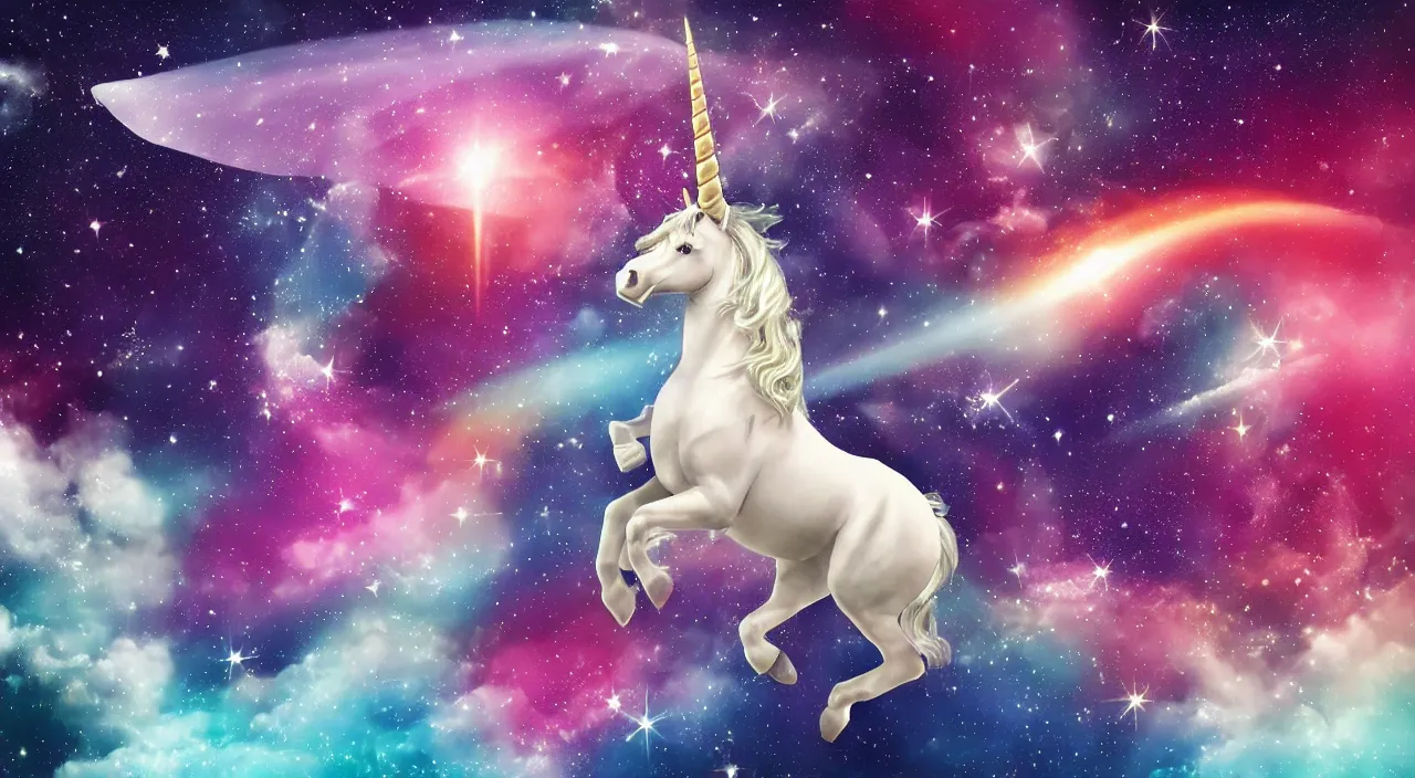 Image similar to a beautiful unicorn with wings flying in space