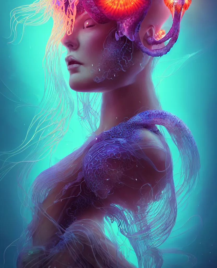 Image similar to goddess close-up portrait. orchid jellyfish phoenix head, nautilus, skull, betta fish, bioluminiscent creatures, intricate artwork by Tooth Wu and wlop and beeple. octane render, trending on artstation, greg rutkowski very coherent symmetrical artwork. cinematic, hyper realism, high detail, octane render, 8k