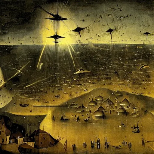 Image similar to ufo fleet over a 1 7 th century european town at night with light beams levitating people in their pajamas painting by hieronymus bosch