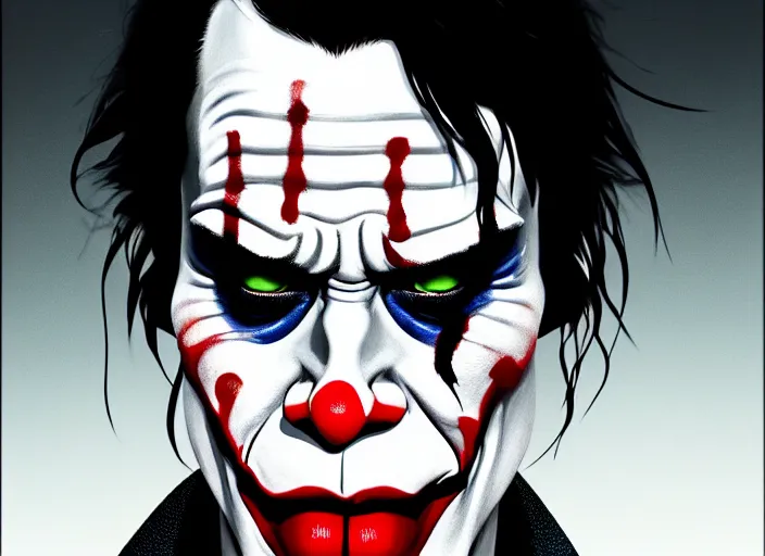 Image similar to a film still portrait of jim carrey joker, finely detailed features, closeup of face, cinematic lighting, perfect art, night cyberpunk city, intricate, anime, gapmoe grimdark, artstation, trending on pixiv fanbox, painted by greg rutkowski makoto shinkai takashi takeuchi studio ghibli, akihiko yoshida, 4 k