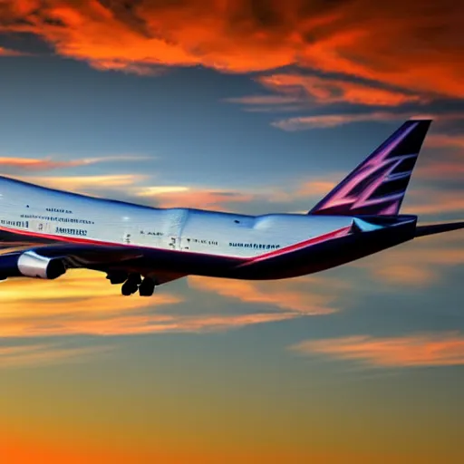 Image similar to boeing 7 4 7 airliner, sunset, realistic, high definition, 4 k