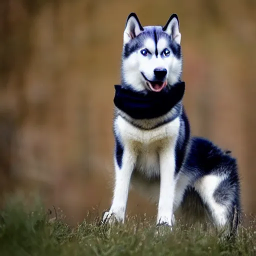 Prompt: a husky wearing a black jacket with blue eyes