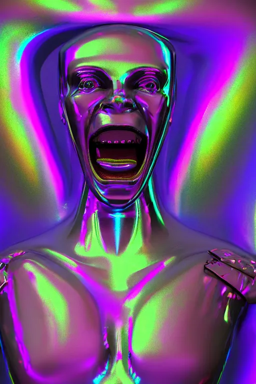 Image similar to 3d render of holographic angry human robotic screaming angry bust made of glossy iridescent, screaming, bust, surrealistic 3d illustration of a human non-binary, non binary model, 3d model human, cryengine, made of holographic texture, holographic material, holographic rainbow, concept of cyborg and artificial intelligence