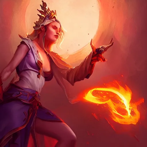 Prompt: The sorceress casting a fireball, colaboration of Hearthstone and Greg Rutkowski for Hearthstone