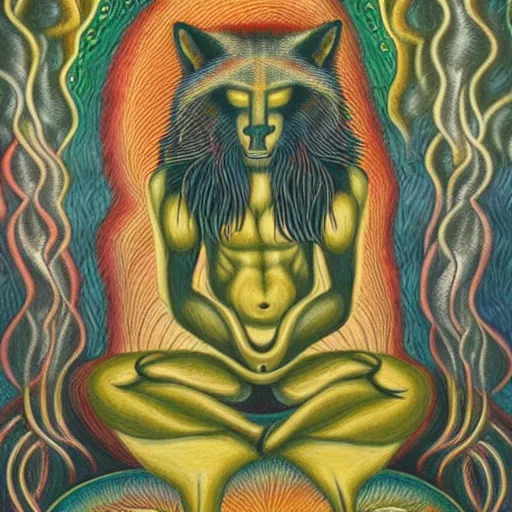 Image similar to an anthromorphic wolf man meditating in a zen garden with a waterfall, by amanda sage in a psychedelic style, oil on canvas