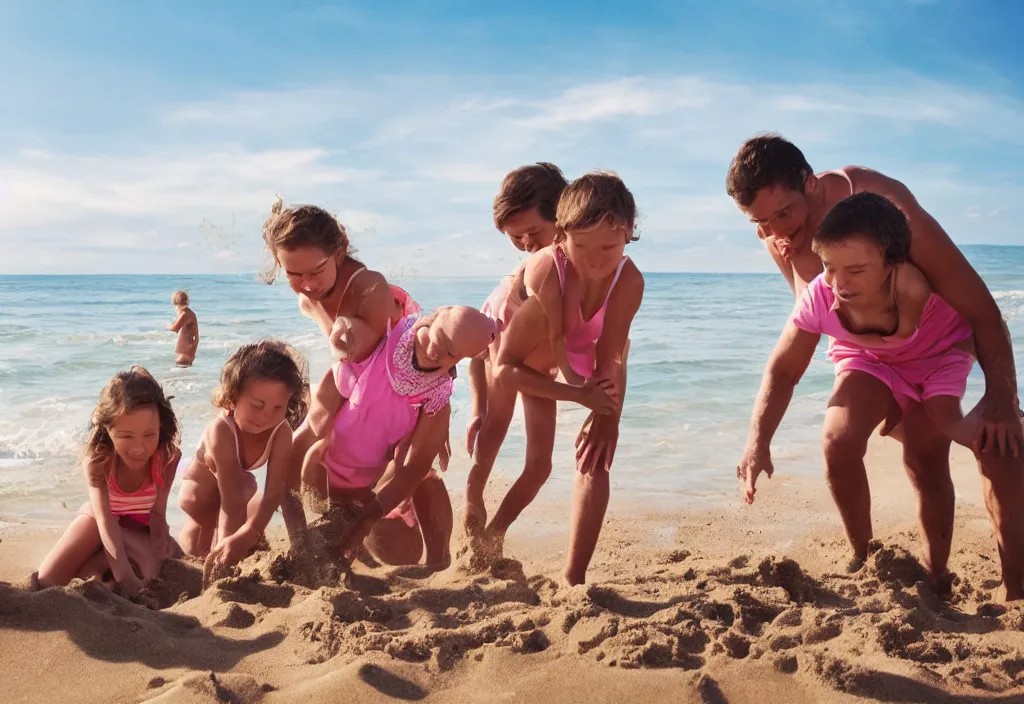 Prompt: a family at the beach playing in the sand