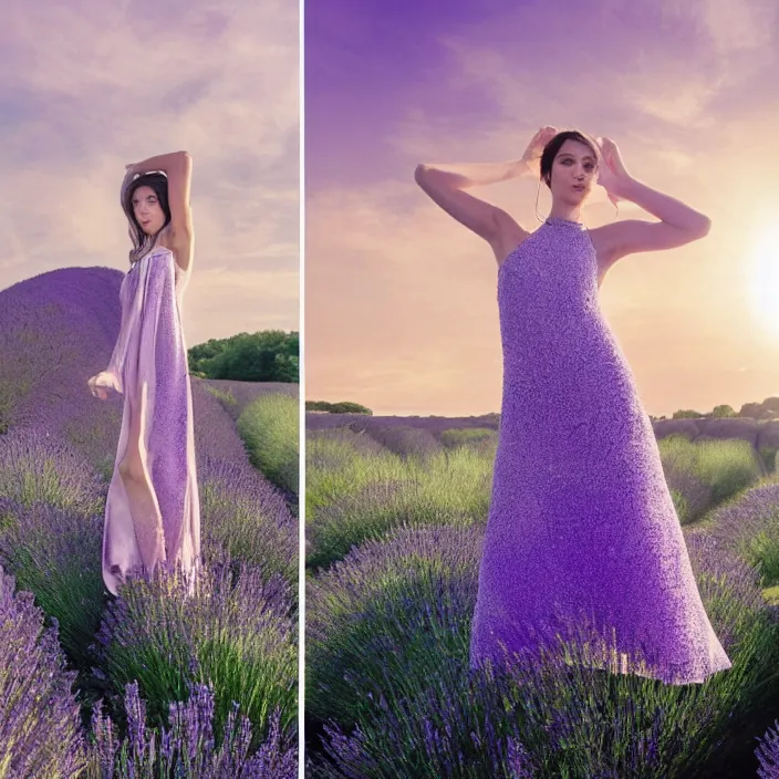 Image similar to a woman with a dress made of lavender chains standing next to water, golden hour, vogue magazine