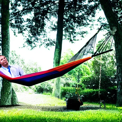 Image similar to award winning photograph of business man resting in a hammock, heavenly, peaceful, tranquil