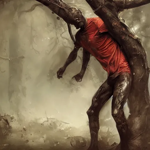 Image similar to tree comming out of man's chest, paint by Raymond Swanland