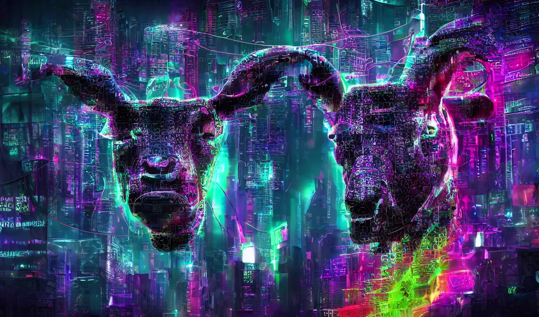 Image similar to complex cyberpunk machine background merged with evil cybernetic goat head, symmetric, multicolored digital art, 8k