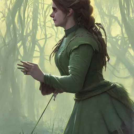 Prompt: Emma Watson as the green swamp ogre Fiona in Shrek, intricate, highly detailed, digital painting, artstation, concept art, sharp focus, illustration, art by greg rutkowski and alphonse mucha