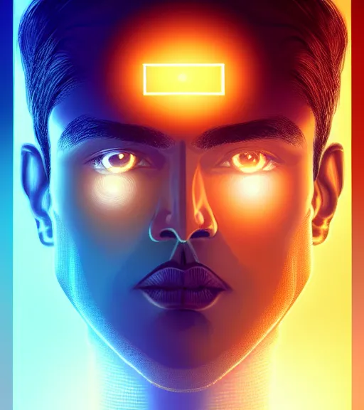 Image similar to symmetry!! indian prince of technology, solid cube of light, hard edges, product render retro - futuristic poster scifi, lasers and neon circuits, brown skin handsome indian prince, intricate, elegant, highly detailed, digital painting, artstation, concept art, smooth, sharp focus, illustration, dreamlike, art by artgerm