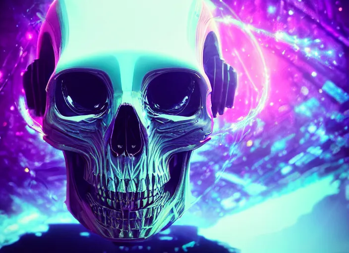 Image similar to a futuristic skull with glowing eyes and a purple background, cyberpunk art by android jones, behance contest winner, computer art, darksynth, synthwave, rendered in cinema 4 d