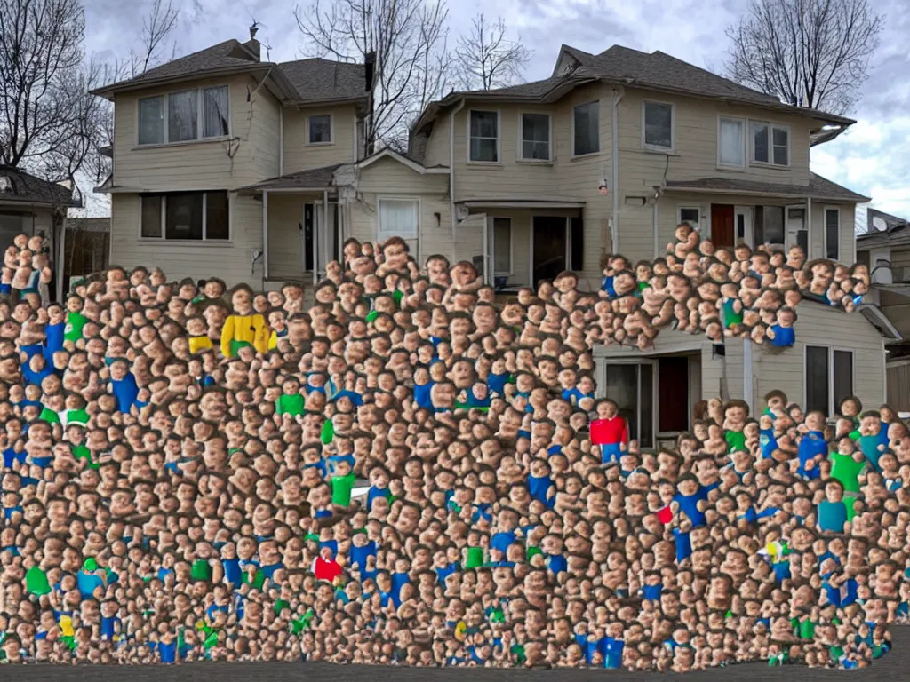Prompt: a picture of a house made of piled - up human babies, found on google street view