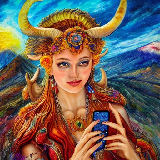 Image similar to detailed acrylic on canvas fantasy painting by josephine wall, horned ram goddess checking her cell phone, erupting volcano and sunset in distance, flowers in foreground, trending on artstation, by senior concept artist, intricately detailed, high resolution, hdr, 8 k