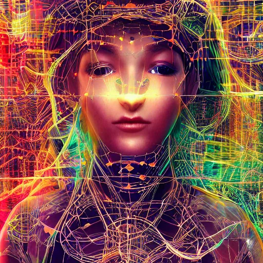 Image similar to deeper into the metaverse we go, piles of modular synth cables mixed with roots, kawaii puerto rican goddess swimming up wearing a headpiece made of circuit boards, by cameron gray, wlop, stanley kubrick, masamune, hideki anno, jamie hewlett, unique perspective, rock carving, trending on artstation, 3 d render, vivid