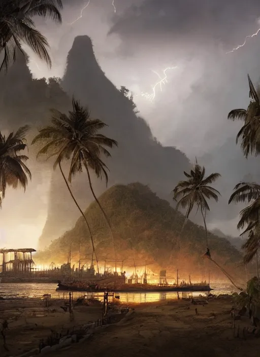 Image similar to wooden palisade wall on a tropical island kit by torches in a Storm night, giant Gorilla sillouhette in the background, intricate Details, raphael lacoste, eddie mendoza, alex ross, concept art, matte painting, highly detailed, rule of thirds, dynamic lighting, cinematic, detailed, denoised, centerd, clean render