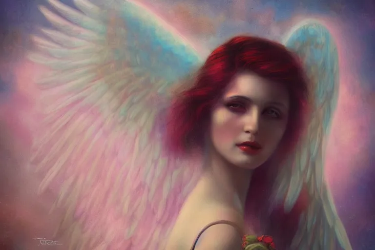 Image similar to pretty angel girl with wings photograph in the style of tom bagshaw, colorful, realistic, 8 k