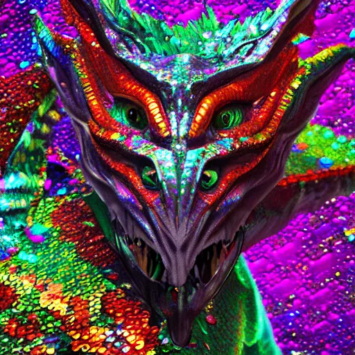 Image similar to a dragon made of colorful sequins, photorealistic, psychedelic, 8 k, trending on artstation