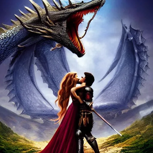 Image similar to A knight kissing a dragon. Detailed amazing wellmade movie still