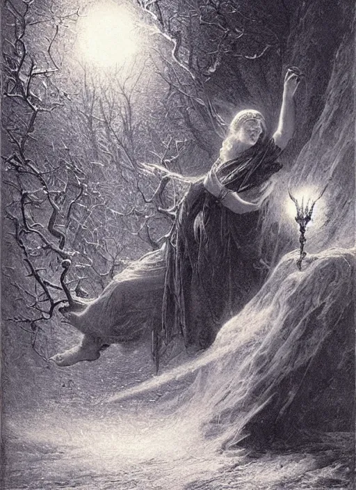 Image similar to a mage casting a frost spell by frederick morgan and gustave dore and delphin enjolras