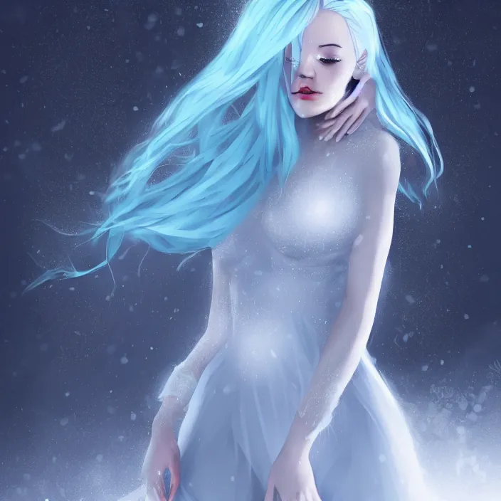 Prompt: full body portrait of a stunningly beautiful woman with pale blue hair wearing a dress made out of snowflake in the middle of a heavy snowstorm. award - winning digital art, trending on artstation