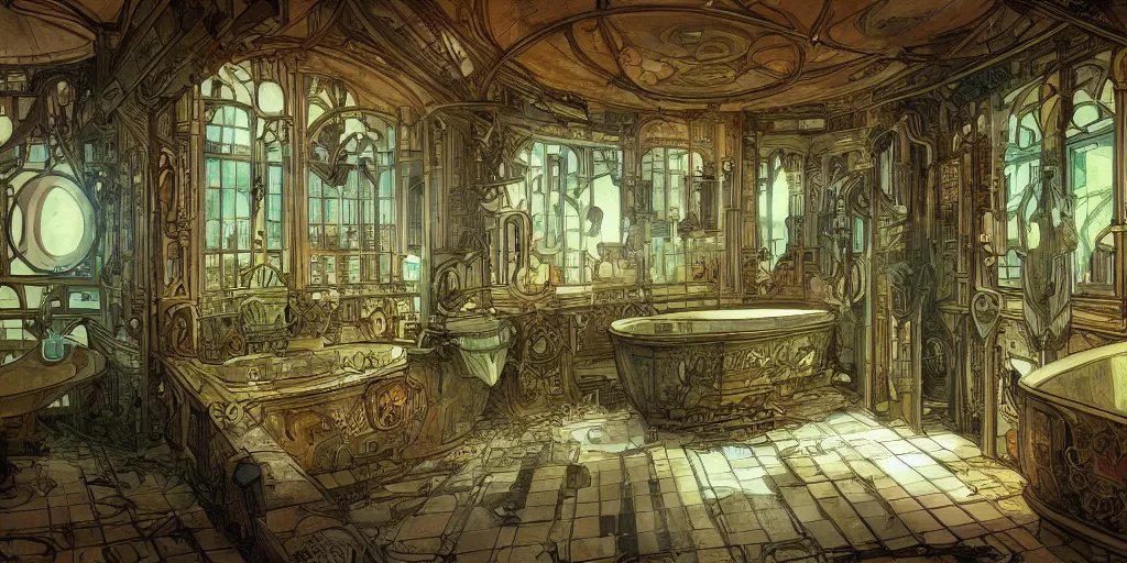 Prompt: a photo of a concept architecture art house steampunk bathroom, style brutalism, extremely detailed, sharp focus, wide view, smooth, digital illustration, colorfull, by william turner, by alphonse mucha