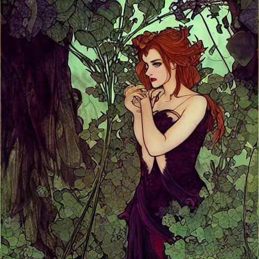 Prompt: a beautiful painting of emma watson and christina hendricks dressed as a poison ivy, dark eyeliner, intricate, elegant, highly detailed, digital painting, artstation, concept art, matte, sharp focus, illustration, art by rebecca guay and by arthur rackham and by alphonse mucha and by john william waterhouse