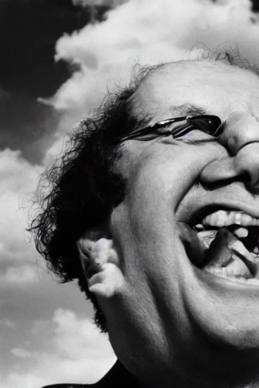 Prompt: close - up, photography of coluche laughing, photography of pierre desproges laughing, clouds everywhere