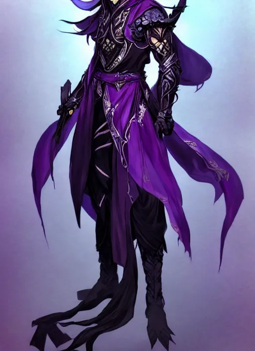 Image similar to Full body portrait of a handsome elven aristocrat with long black hair wearing purple mage robe. In style of Yoji Shinkawa and Hyung-tae Kim, trending on ArtStation, dark fantasy, great composition, concept art, highly detailed, dynamic pose.